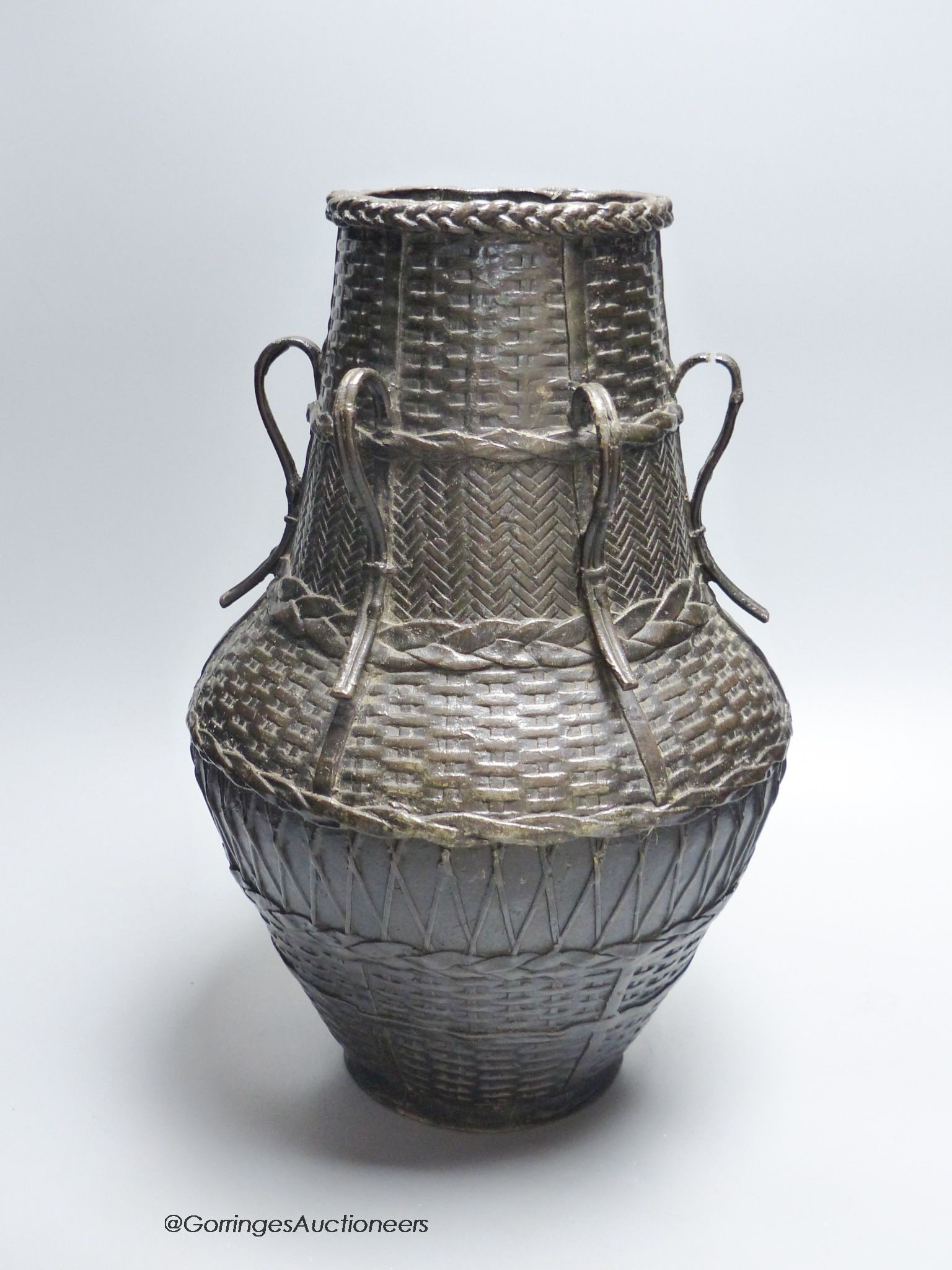 A large Japanese bronze basket effect ikebana vase, Meiji period 36cm